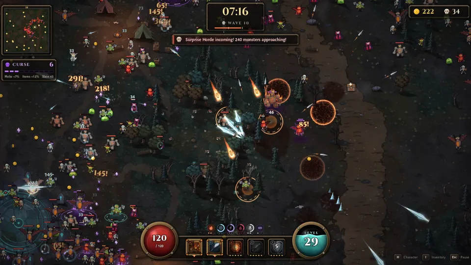 A huge horde closing in on the hero while fire and lightning tear through it.